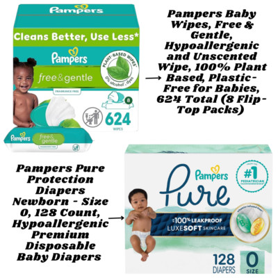 Pampers Hypoallergenic Diapers Size 0 (128 Ct) & 624Ct Wipes | Baby Care Bundle