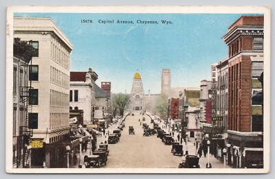 Postcard 1929 Cheyenne Wyoming Capitol Avenue St Scene Antique Cars Signs Vtg