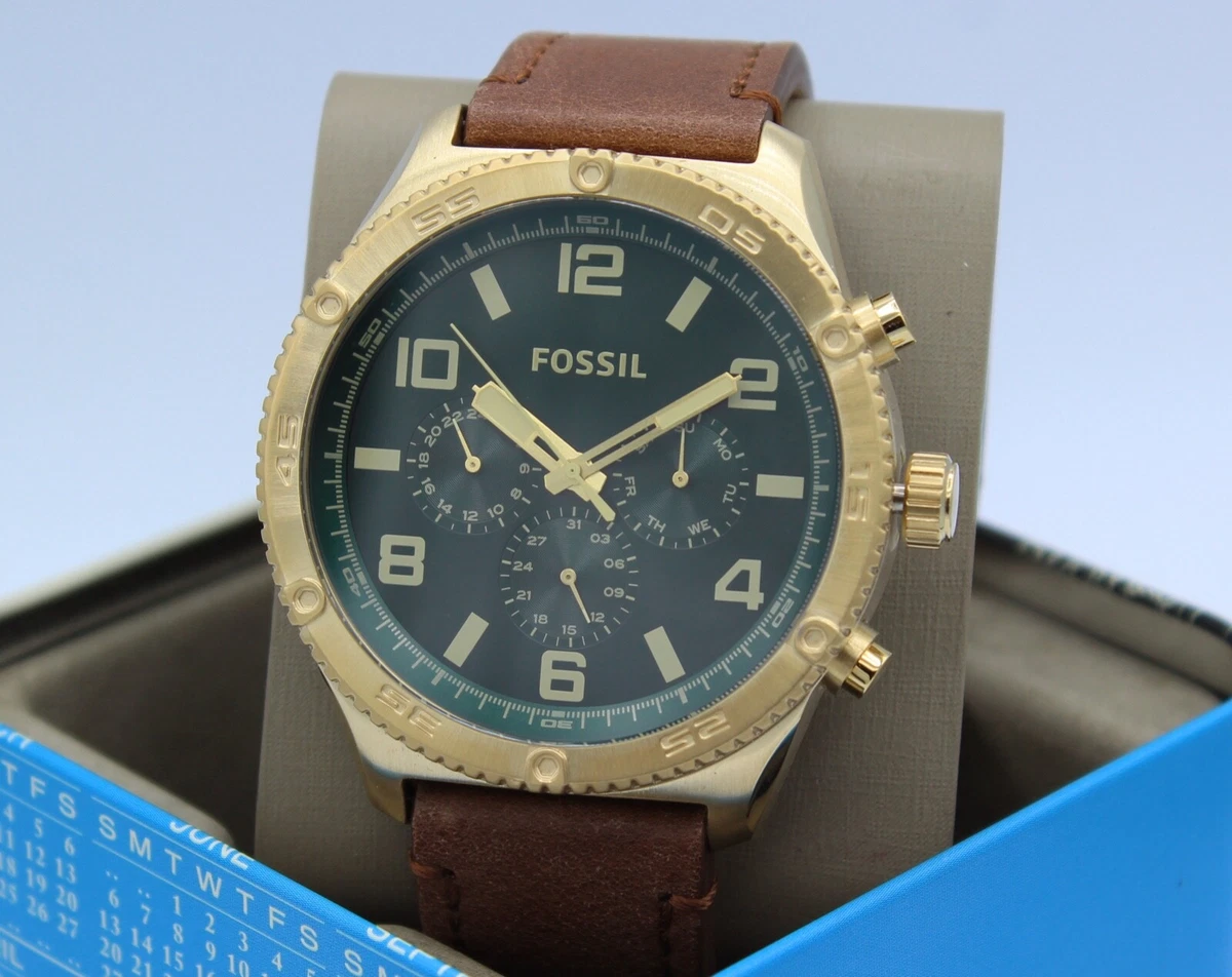 NEW AUTHENTIC FOSSIL BROX CHRONOGRAPH GOLD GREEN BROWN LEATHER MENS BQ2742 WATCH