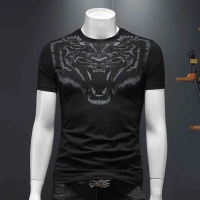 New Fashion Trend Tiger Hot Diamonds Rhinestones Summer Luxury Men T-Shirt