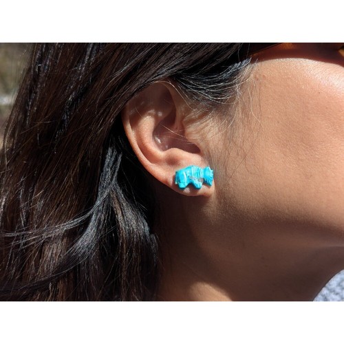 Handcrafted Native American Carved Buffalo Stud Earrings stabilized Turquoise ** - Picture 2 of 9