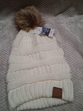 RELIANT WINTER WEAR Beanie Hat Wmn's Ivory Chunky Cable Knit Faux Fur Pom Bobble