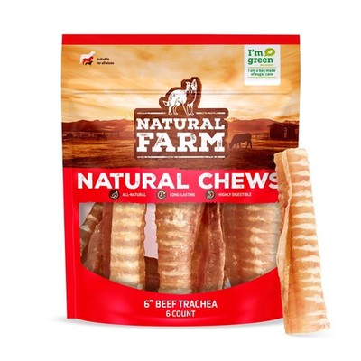 Natural Farm Beef Trachea for Dogs (6 Inch 6 Pack) 100% Beef Odor Free Trachea
