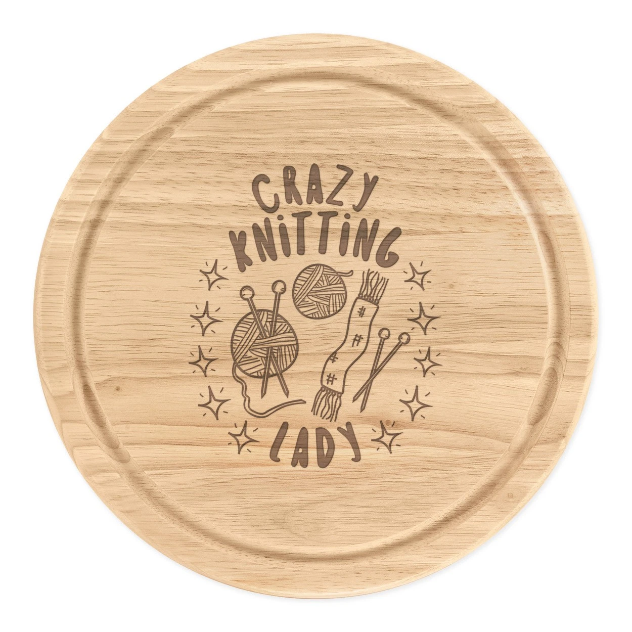 Crazy Knitting Lady Stars Round Chopping Cheese Board Mum Mothers Day Funny