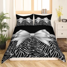 Silver Glitter Print Duvet Cover Queen Size with 1 Pillow Case Silver Bowknot...