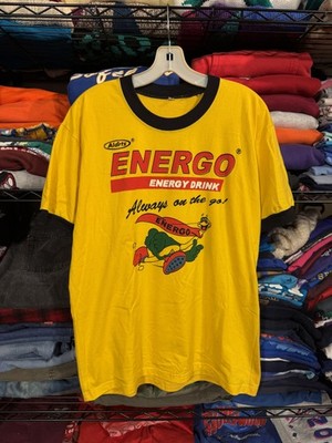 Energo Energy Drink Shirt Mens Large Yellow Ringer Cartoon Double Sided Tee