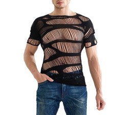 Men's O Neck Short Sleeve T Shirts Stylish See Through Mesh Hollow Out Tops