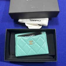 Auth CHANEL Matelasse Card Case Holder Turquoise Lambskin Leather/Gold Rogo
