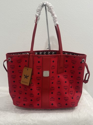 #ad MCM Medium Liz Reversible Shopper Tote Candy Red Visetos NWT With Dust Bag $499.00