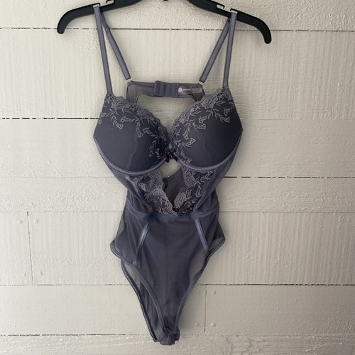 Daisy Fuentes grey lace &mesh Push-up Underwire Bodysuit/Teddy Flirty Sexy Large