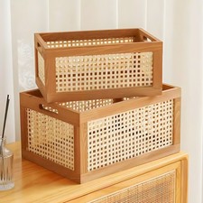 Rattan Storage Basket, Natural Wooden Baskets w/Handles for Desktop - 2 Size Opt