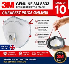 3M 8833 FFP3 Reusable Dust Mask, Pack of 10,UK MADE 🇬🇧