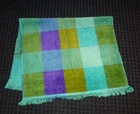 NOS Vtg 70s Cannon PLUSH Hand Towel Purple Green Turquoise Squares Fringed 17x28