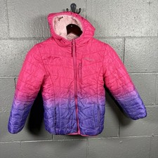 Eddie Bauer Girls Reversible Puffer Jacket Pink Purple Fleece Hood S 7/8