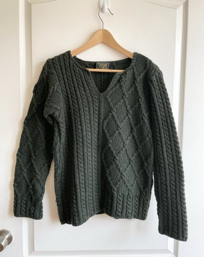 Carraig Donn Ireland Pure New Wool Aran Mixed Cable Knit Sweater S Green