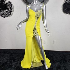 NWT~$640~JOVANI~0~YELLOW RHINESTONE EMBELLISHED SLIT PAGEANT PROM FORMAL DRESS