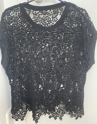 Monari Damen Strick-Shirt, Spitze, Baumwolle, schwarz, G. 38-42