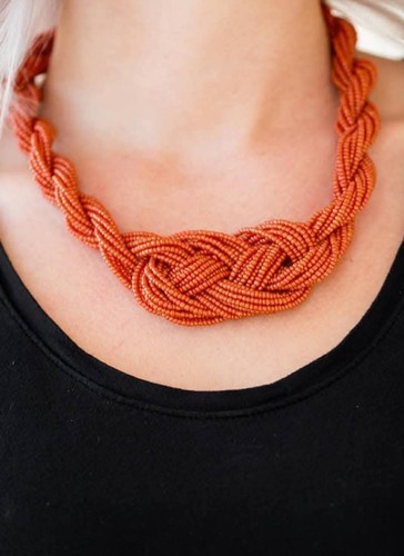 Orange Beaded Braided Knot Necklace & Teardrop Dangle Earrings Jewelry Set