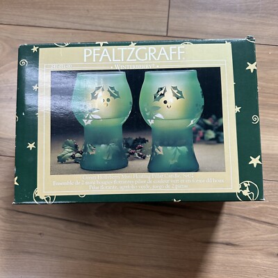 Pfaltzgraff Winterberry Green Hollybery Glass Pillar Floating Candle Set New
