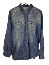 Signature Studio Button Up Top Blue Leopard Print Mfg Fading Roll Tab Size Large