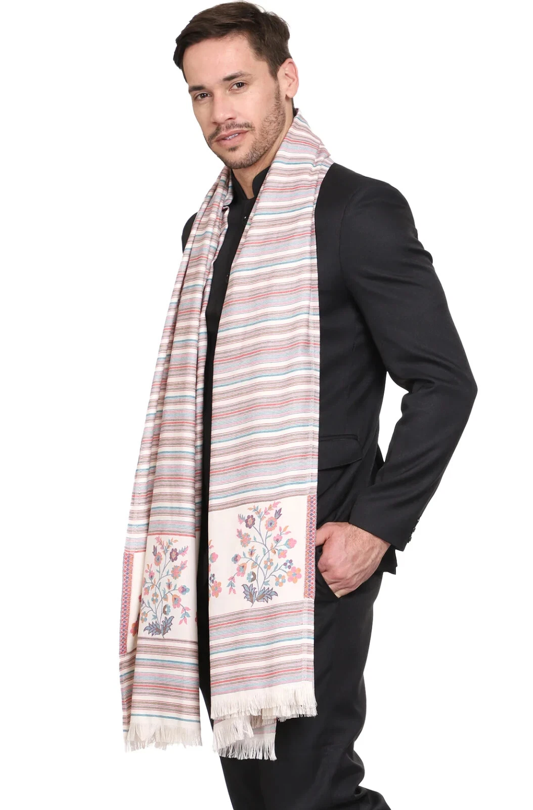 Mens White Indian Paisley 40"x80' Pashmina Cashmere Wool Shawl Wrap Stole Scarf
