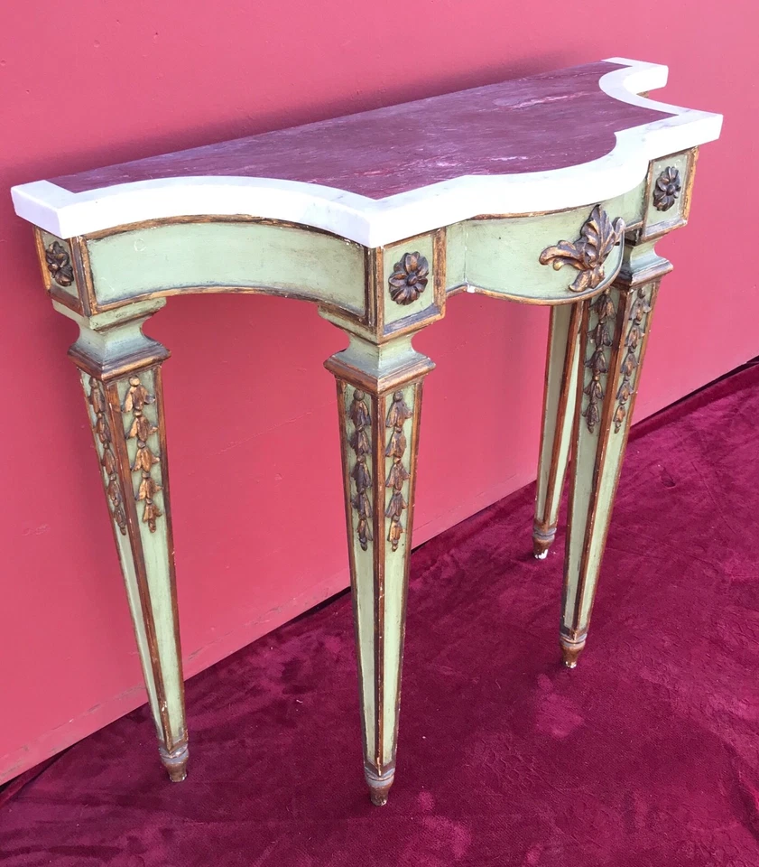 Antigua mesa de entrada consola pintada verde dorado paquete + espejo mármol siglo XVIII Foto 3 de 4