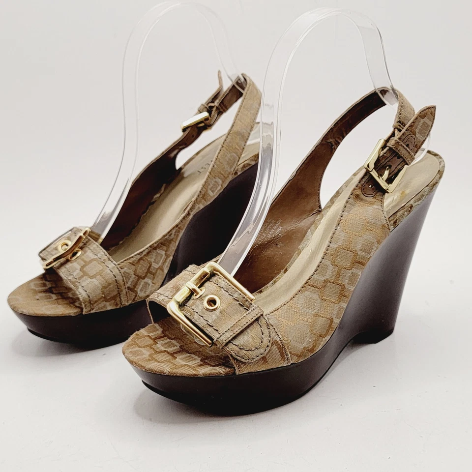 Sandalia de cuña Nine West Hydrolic marrón punta abierta tacón de 5" con tira trasera para mujer talla 8 Foto 3 de 4