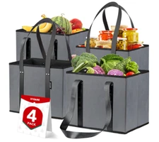 4 Pack Reusable Grocery Bags - Heavy Duty Reusable Shopping Bags with Box Shape