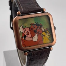 Disney Lion King Watch 32mm Case Pumbaa Timon Simba Womens Brown Leather Band