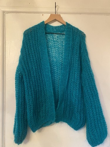 VTG Open Knit Wool Mohair Yarn Cardigan Unisex Genderless Camp Hipster Teal Grn - Picture 7 of 14