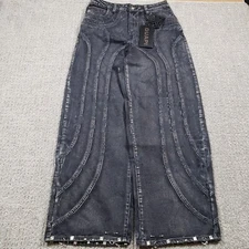 GUAPI Jeans Mens 32 Iron Grey Piercing Denim Black Baggy Wide Leg Skater Jnco