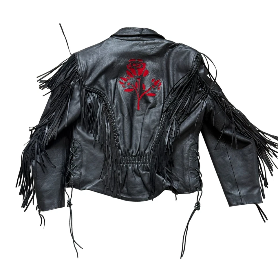 Chaqueta de motocicleta de cuero interestatal de colección con flecos rosas para mujer talla mediana negra Foto 2 de 4