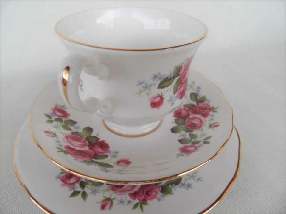 Vintage Queen Anne Bone China Pink Roses Floral & Gold Tea Trio Cup saucer plate - image 3 of 4