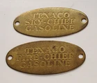 * Vintage Lot of 2 * TEXACO SKY-CHIEF &FIRE CHIEF GASOLINE Brass PUMP Tags 3.5"