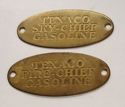 * Vintage Lot of 2 * TEXACO SKY-CHIEF &FIRE CHIEF GASOLINE Brass PUMP Tags 3.5"