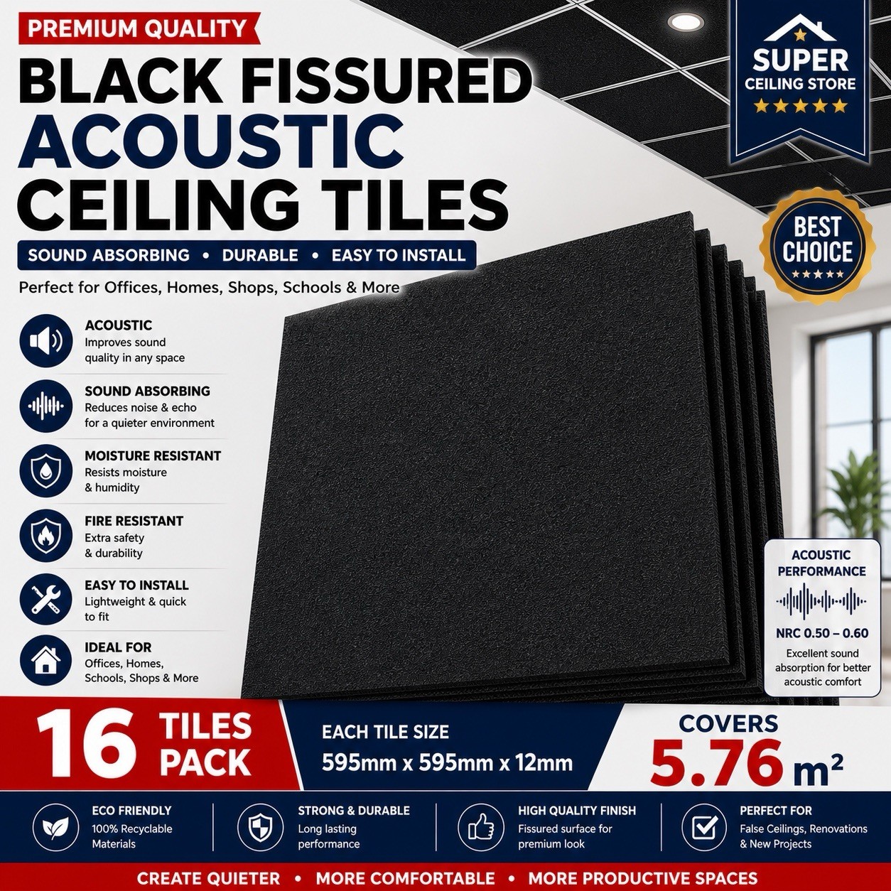 Black Acoustic Suspended Ceiling 595 x 595 600mm x 600 Square Edge 16 Tiles Box