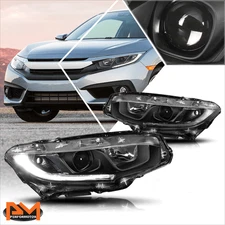 For 16-21 Honda Civic LED DRL Bar Projector Headlight/Lamps Replacement Black