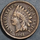 1861 1C INDIAN HEAD CU-Ni CENT KM# 90 Grade:  F  A7184