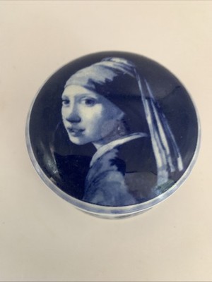 Vintage Delfter Mädchen mit der Perle Ohrring Schmuckschatulle