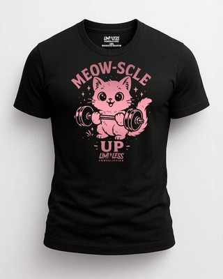 Meow-Scle Up Cute Cat Gym Shirt   Barbell Kitty Lifting Tee by Limitless