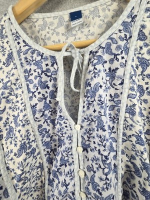 Old Navy Womens L Top Boho Blue Floral Button Tie Front Poet Blouse Cottagecore