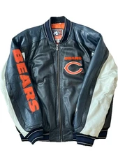 Vintage Chicago Bears Leather Bomber Jacket Mens Large Black G-III by Carl Banks