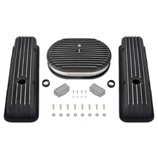 Short Black Finned Aluminum Valve Covers+12" Air Cleaner For Chevy SBC 350 58-86