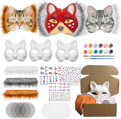 DIY Cat Mask Kit with Fur & Eye Mesk & Gem Sticker & 12 Color Paint,Cat Mask to