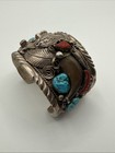 Navajo Sterling Silver Native American Turquoise Coral Bear Claw Cuff M. Thomas