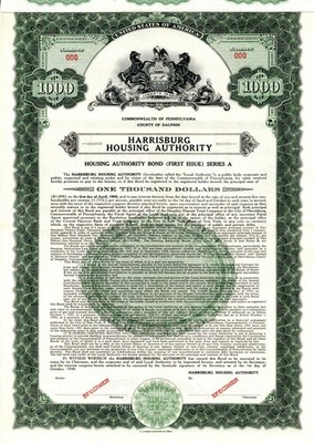 Harrisburg Housing Authority - 1940 dated $1,000 Specimen Bond - Specimen Stoc