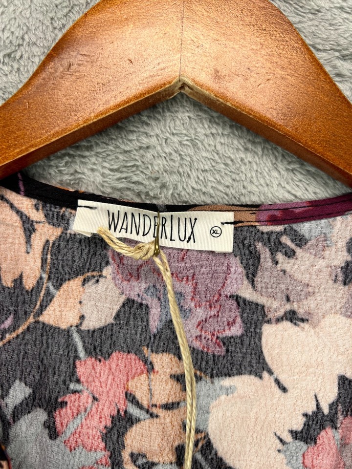 NWT WANDERLUX Penelope Maxi Dress Womens XL Boho Black Floral Smock