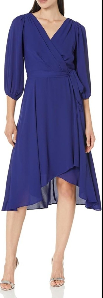 dkny balloon sleeve chiffon midi dress DKNY Women's 3/4 Sleeve Printed Chiffon A-Line Dress, 14