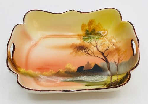 Plato Noritake M pintado a mano Sm festoneado borde dorado puesta de sol casa árbol lago Japón - Imagen 11 de 14