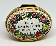 HALCYON DAYS ENAMEL BOX- "YOU CAN NEVER BE TOO RICH OR TOO THIN" -FLOWERS- ROSES